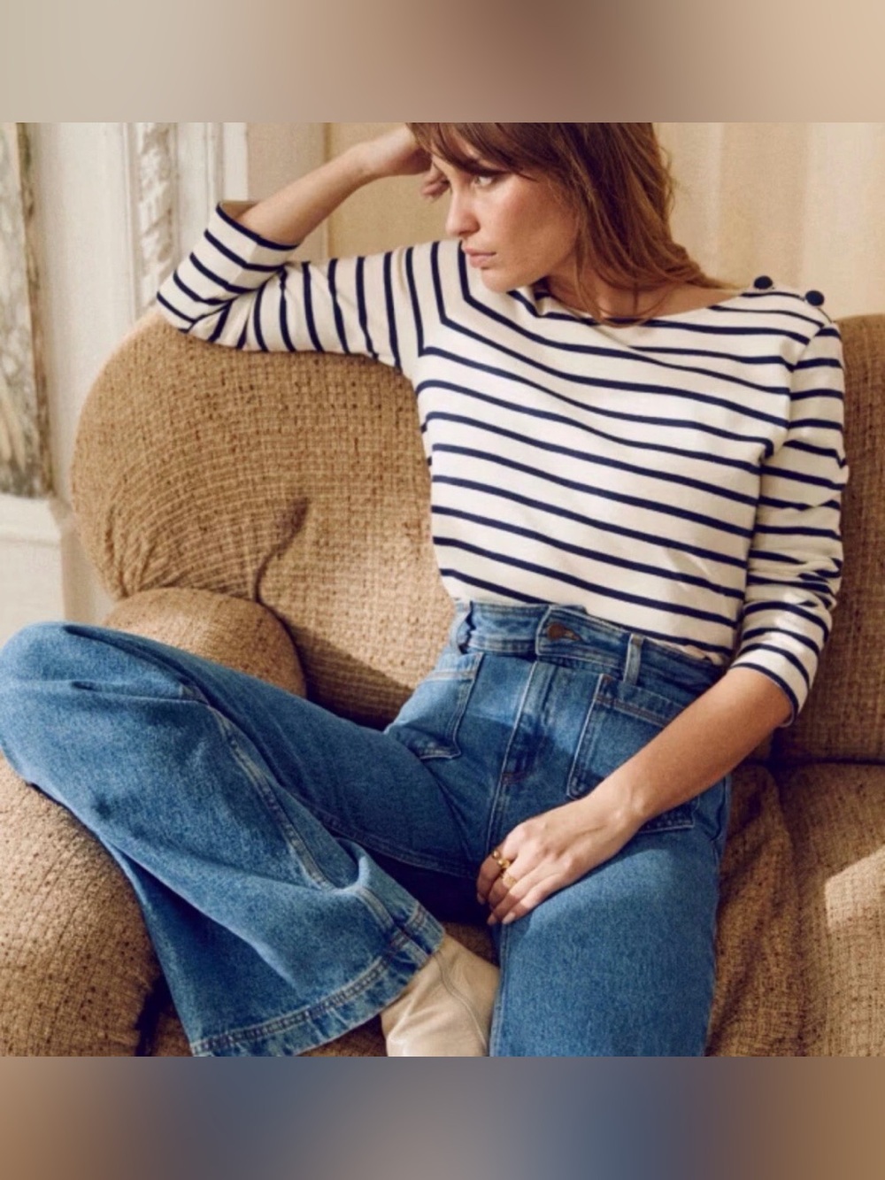 Sézane Navy Cream Striped Breton Knit Top XXL Shoulder Buttons